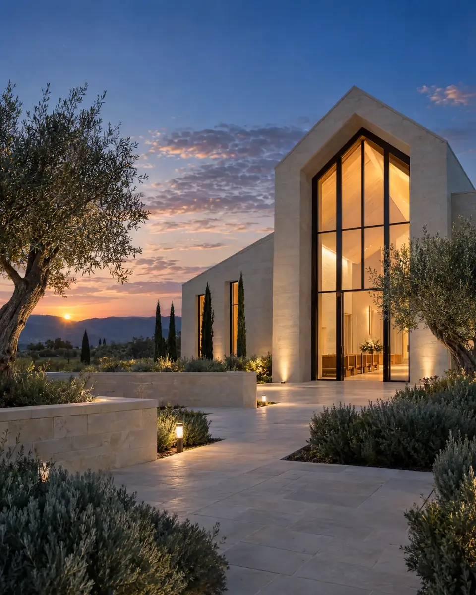 Capilla de piedra clara con ventanal iluminado al atardecer entre olivos y cipreses