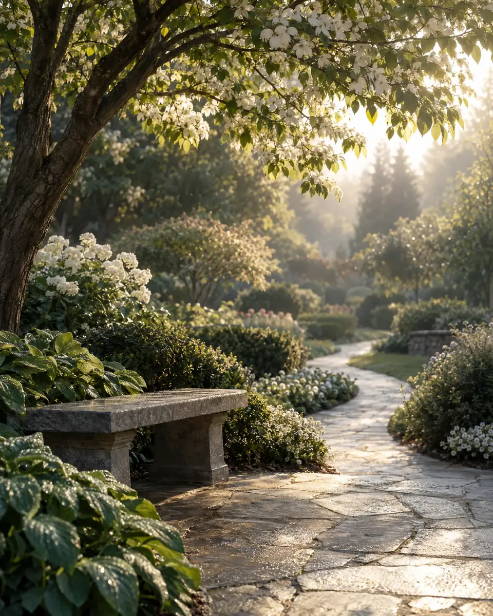 Banco de piedra junto a un sendero en un jardín memorial con árboles en flor