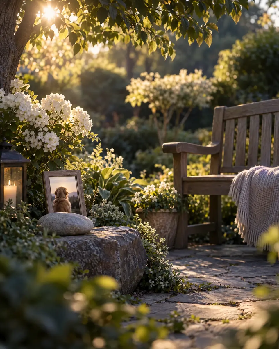 Rincón memorial en un jardín con la foto de un perro, una vela y un banco de madera