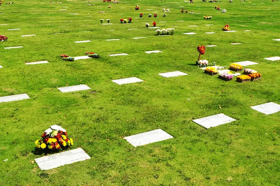 Lotes dobles con lápidas y flores sobre el césped