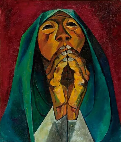 Reproducción de una obra de Eduardo Kingman con manos en oración