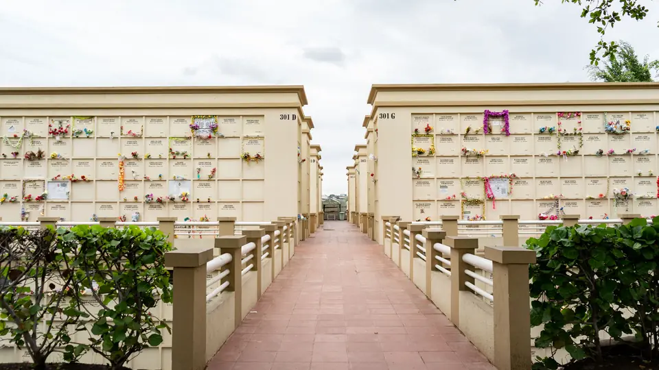 Pasillo entre galerías de bóvedas con flores