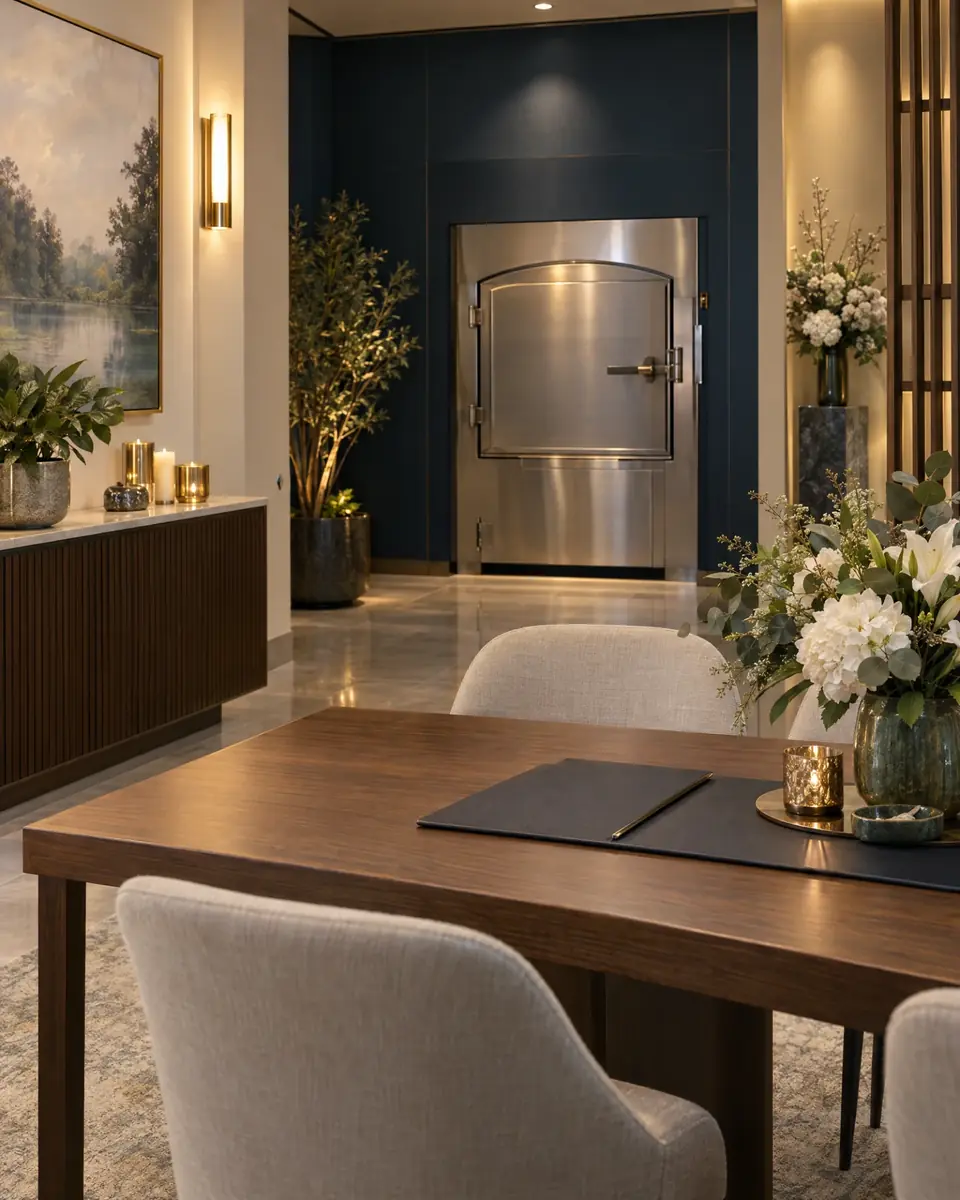 Sala de crematorio con ambiente sereno, mesa de atención y flores blancas