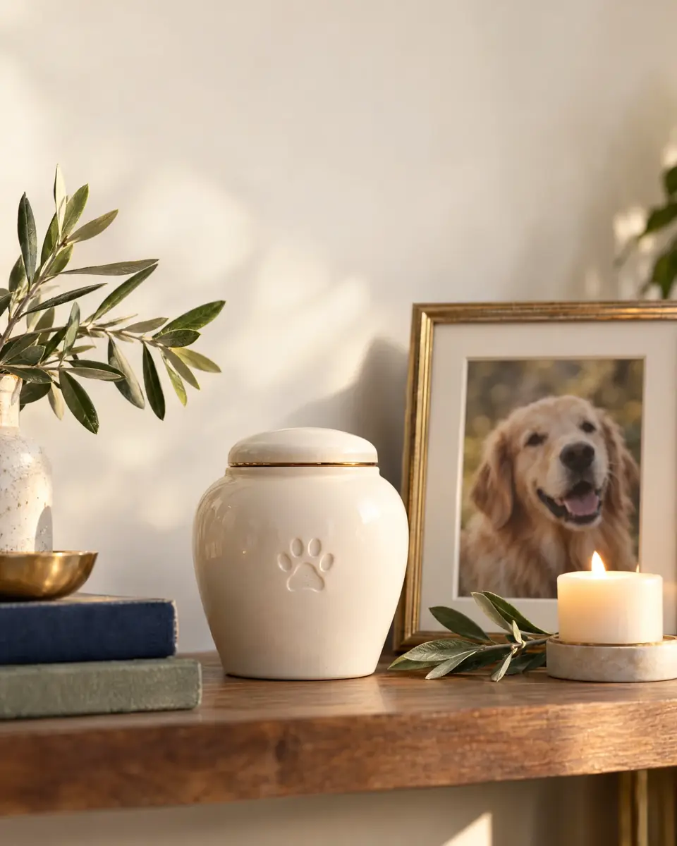 Urna blanca con huella junto a la fotografía de un perro golden retriever